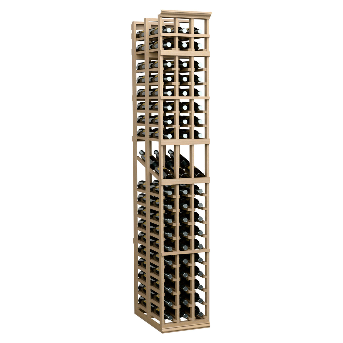 3-column double-deep wine display rack with light wood frame and bottle rows