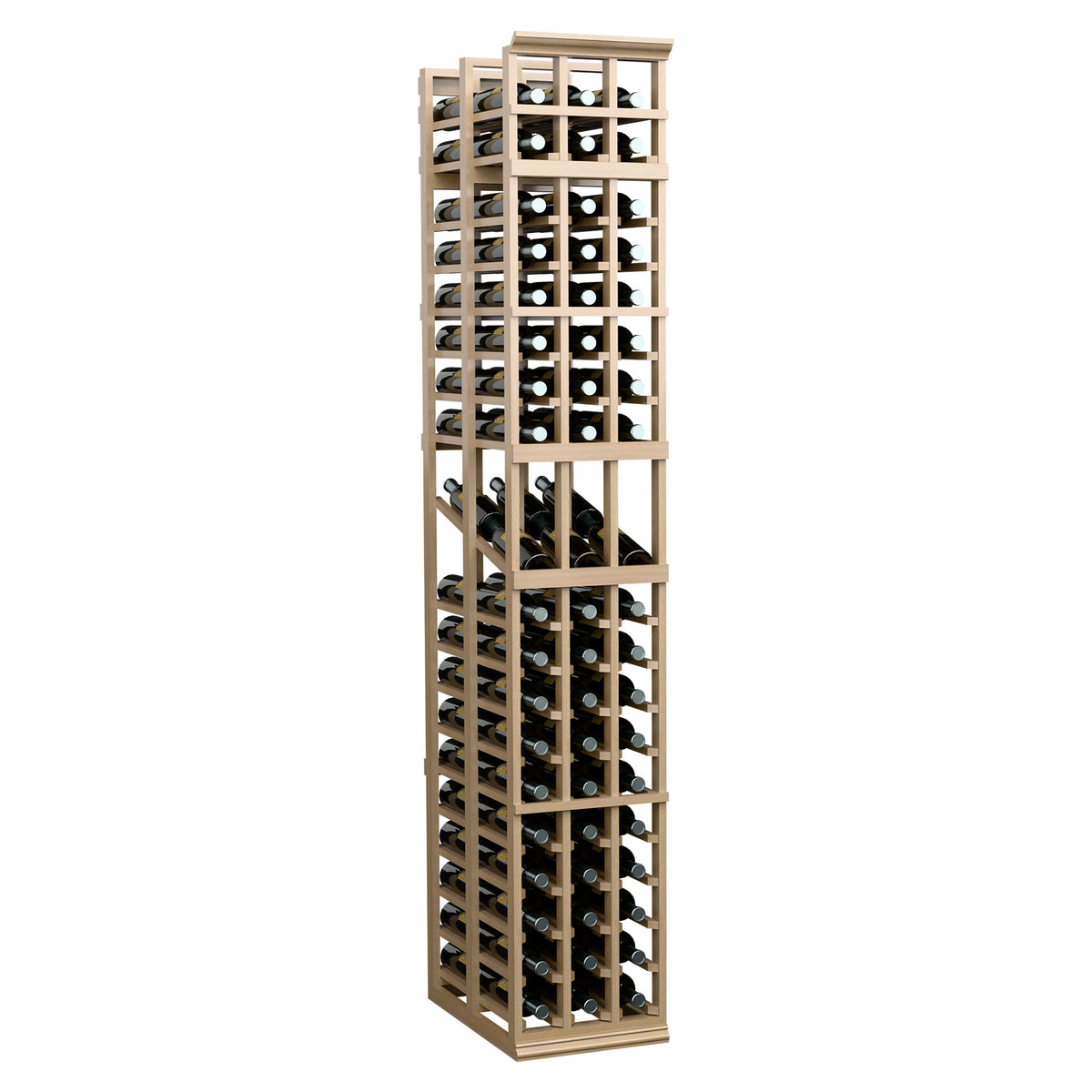 3-column double-deep wine display rack with light wood frame and stacked bottle openings