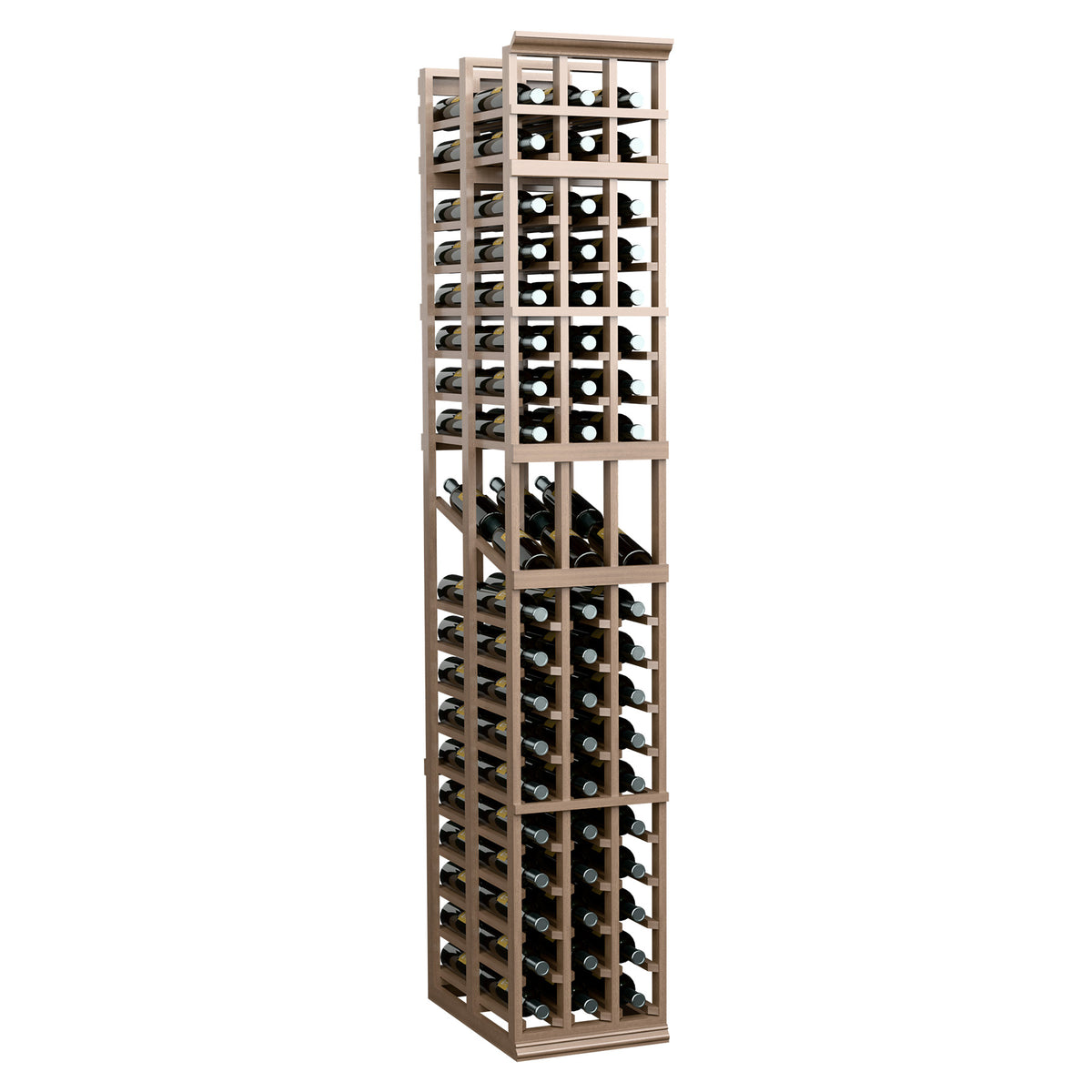 3-column double-deep wine display rack with light wood frame and clear front slots