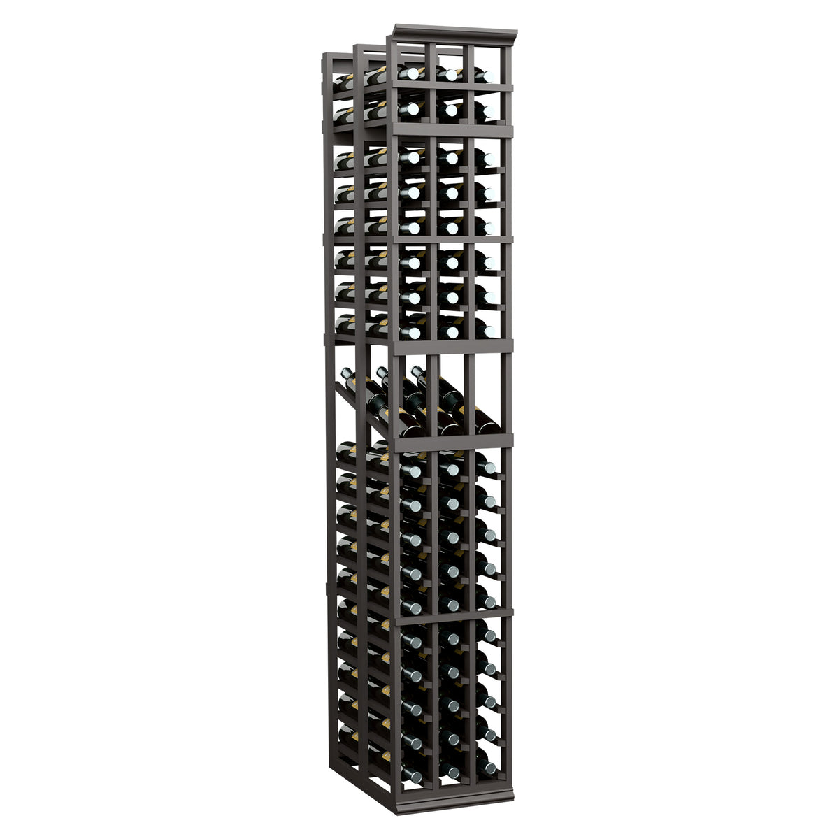 3-column double-deep wine display rack with dark frame and vertical bottle compartments
