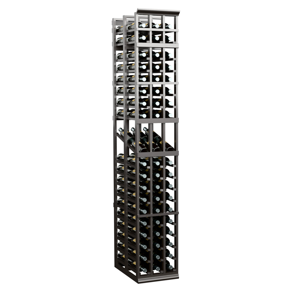 3-column double-deep wine display rack with dark frame and two-sided bottle display rows