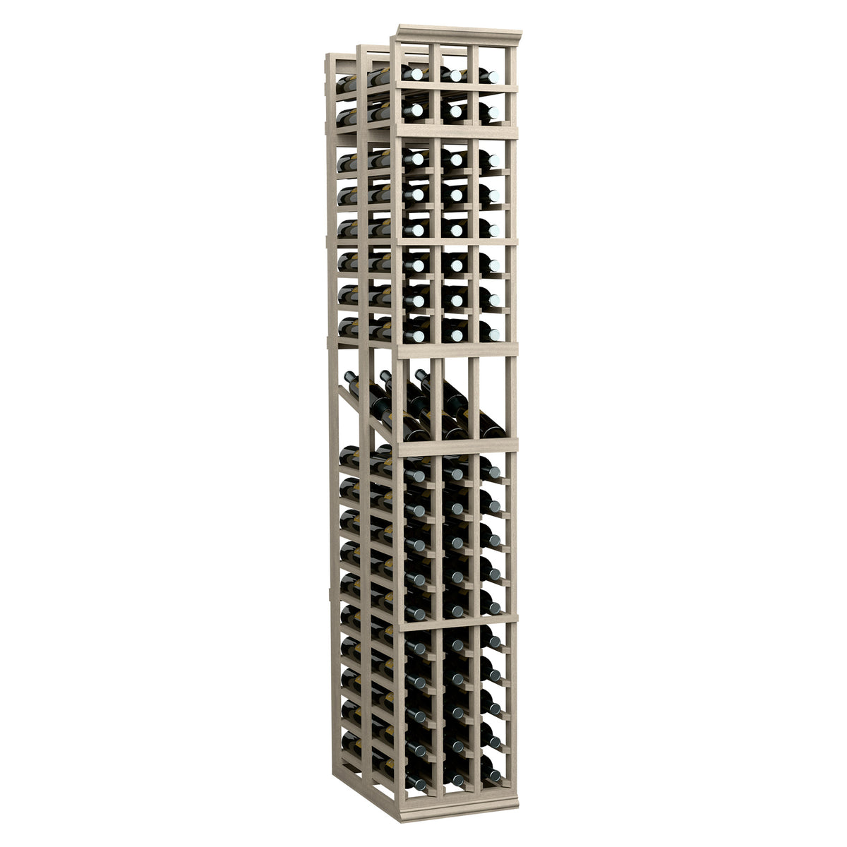 Light gray wine display rack with bottle slots, three-column double-deep design