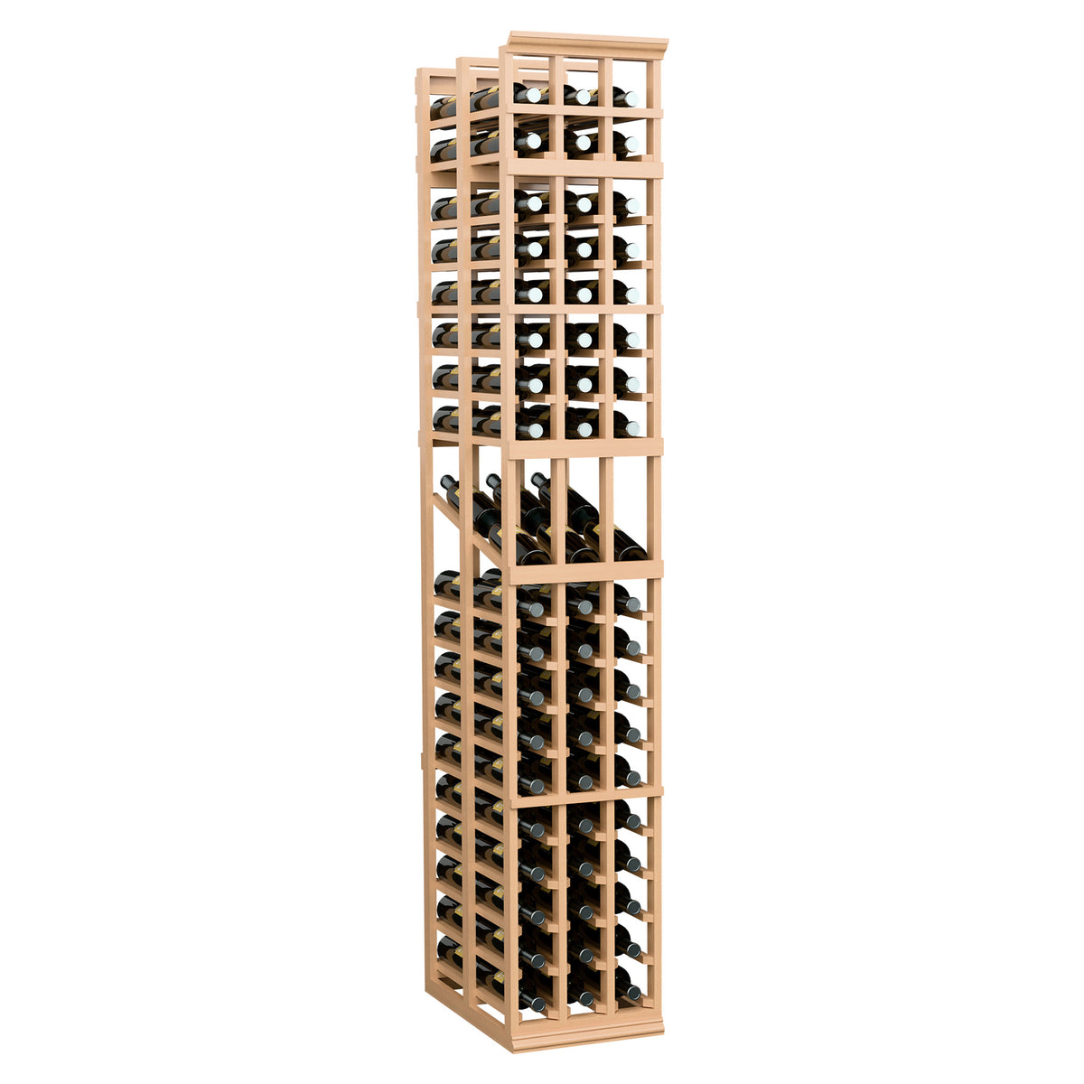 Light wood wine rack with bottle cubbies, three-column double-deep display structure