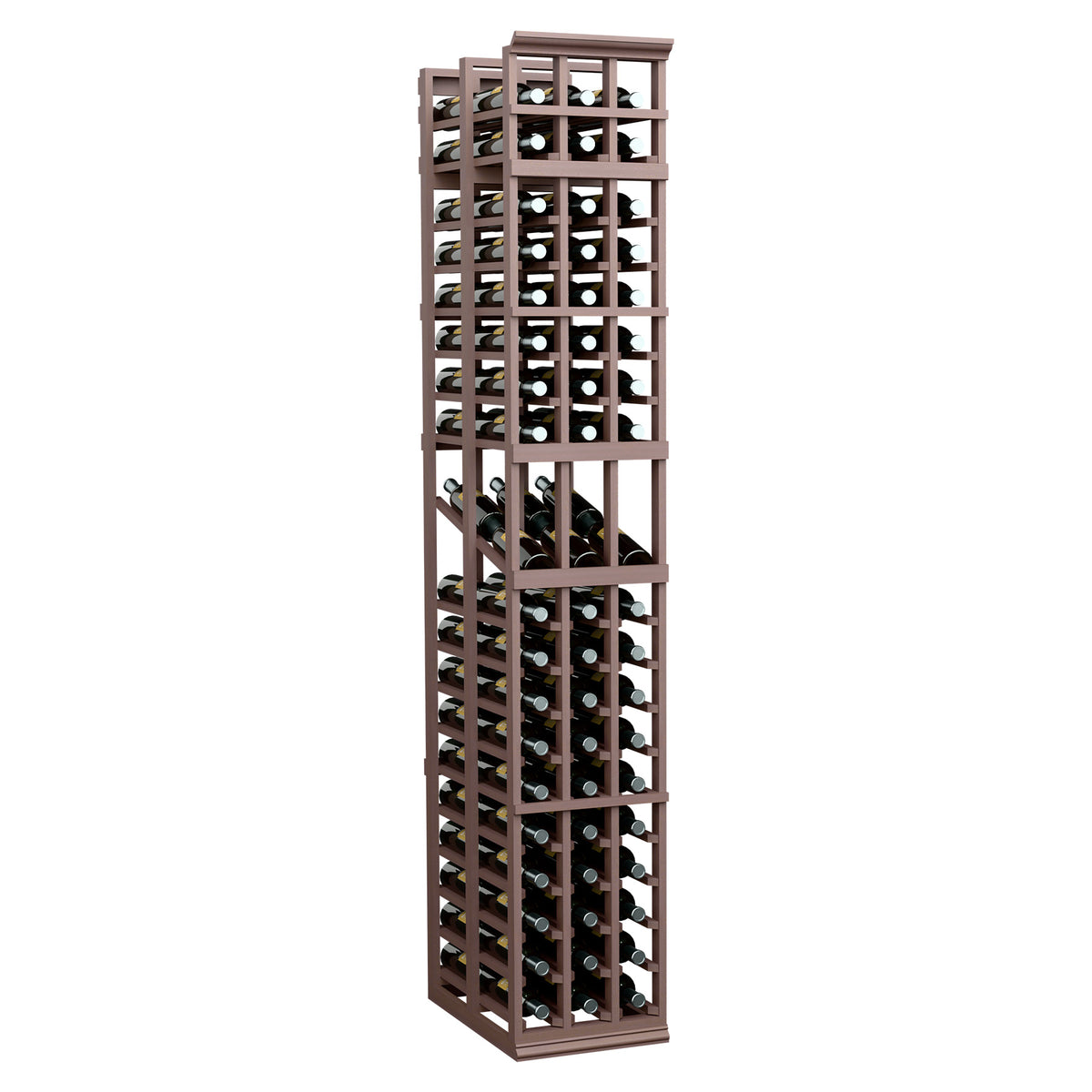 Dark brown wine display rack with bottle slots, three-column double-deep layout
