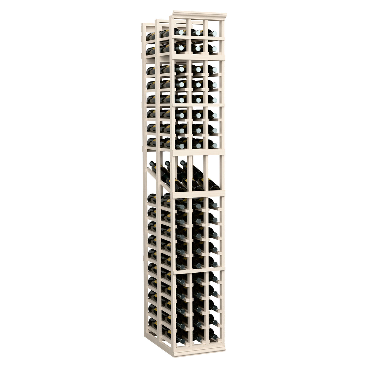 White-finished wine display rack with bottle slots, three-column double-deep structure