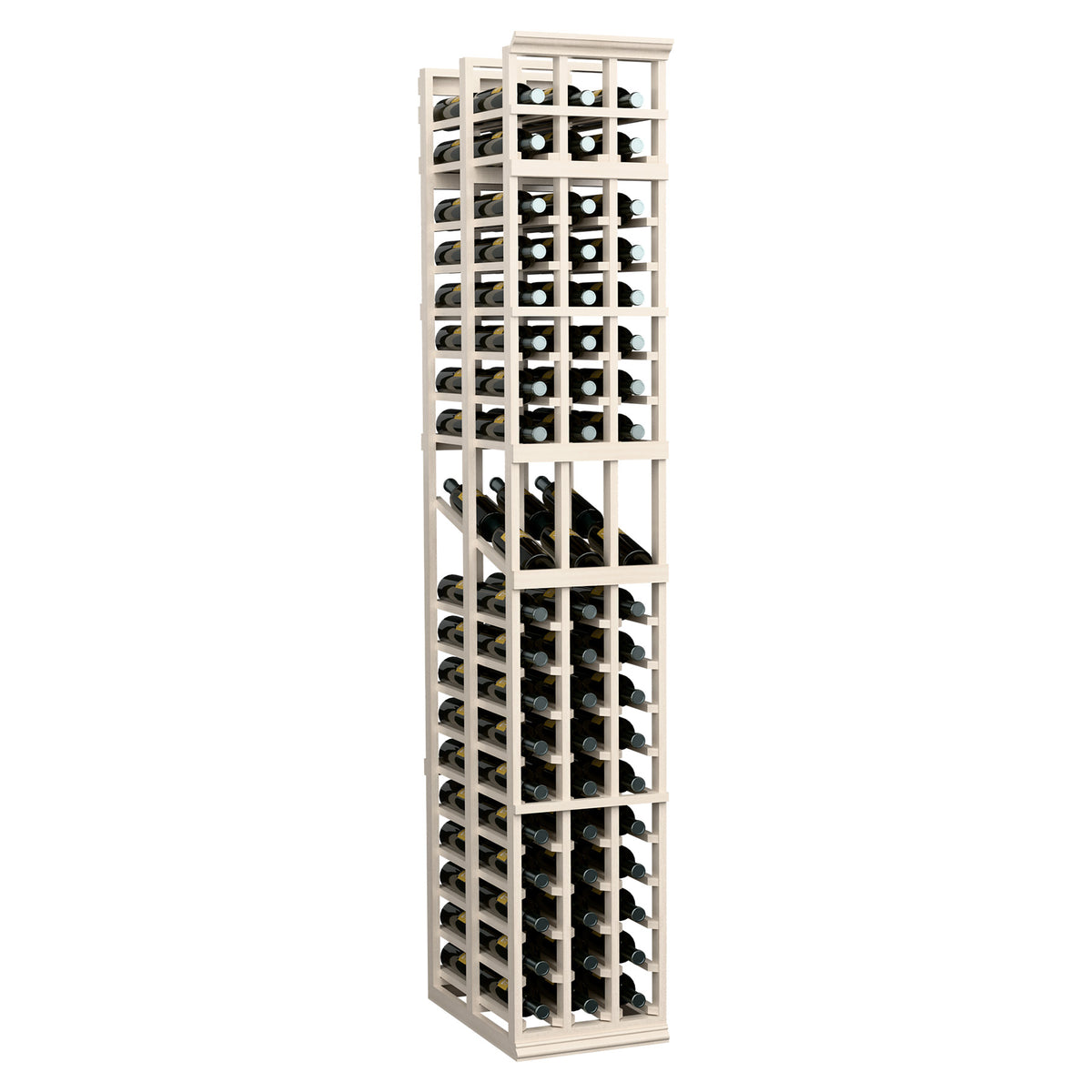 White wine rack with bottle cubbies, three-column double-deep display for bottles