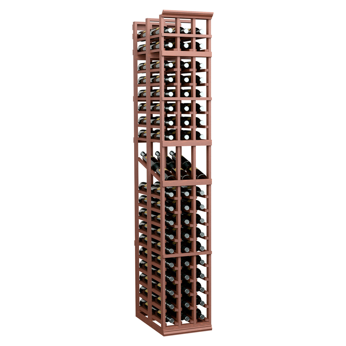 3-column double-deep wine display rack in warm brown finish, two-depth bottle storage