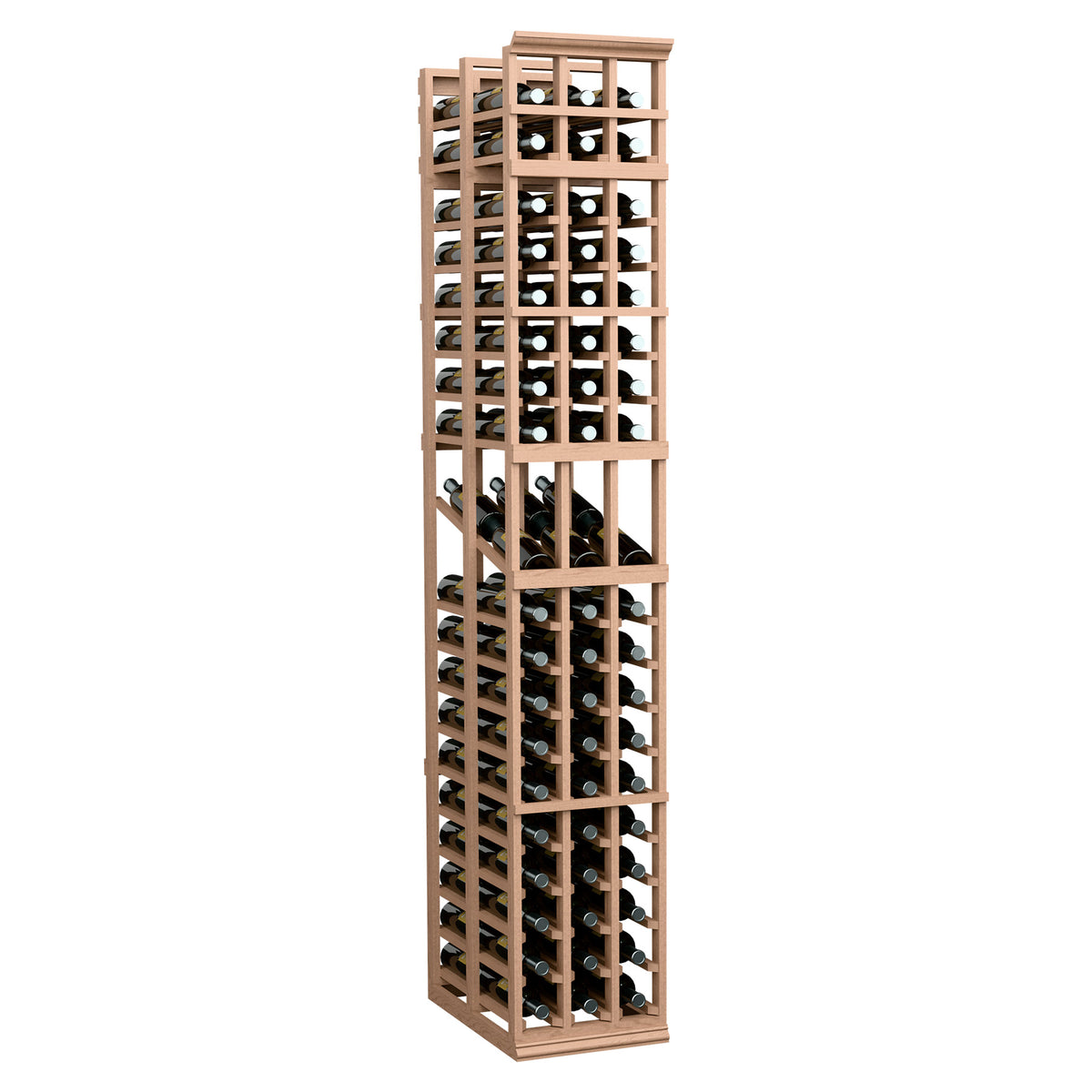 3-column double-deep wine display rack in light wood finish, two-depth bottle storage