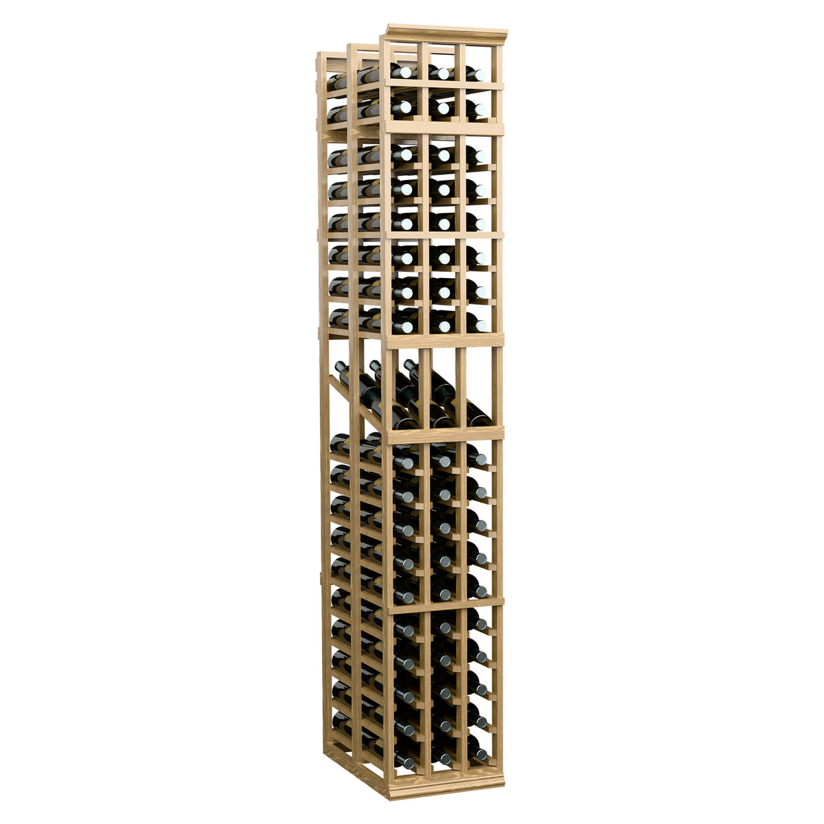 3-column double-deep wine display rack in light honey wood finish, two-depth storage
