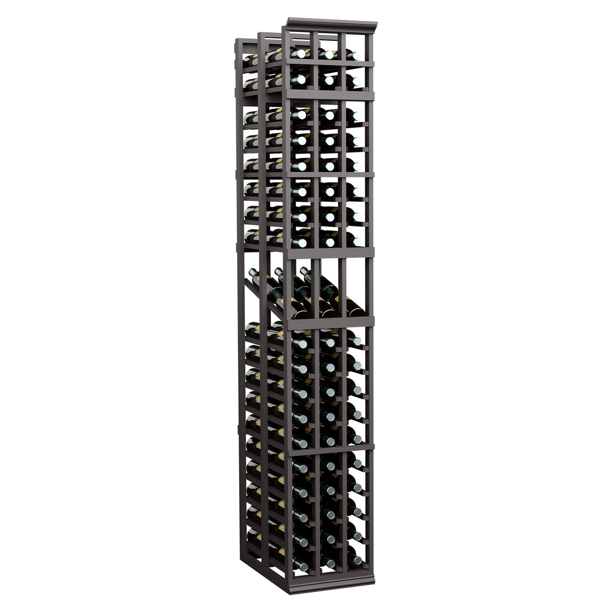 3-column double-deep wine display rack in black finish, front bottle rows in two depths