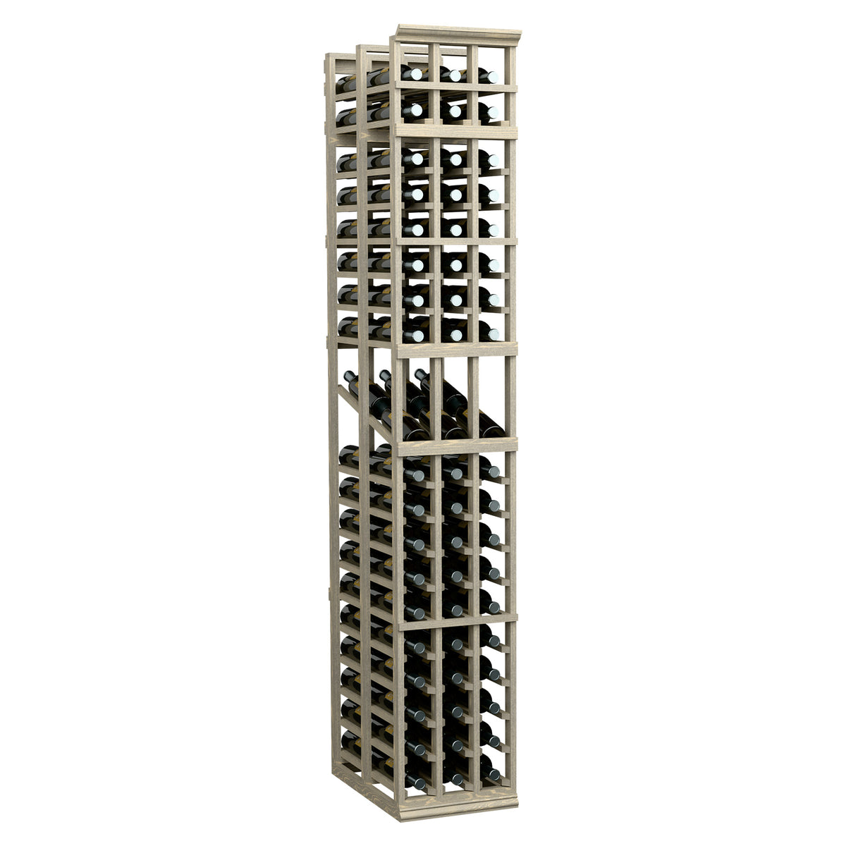 Whitewashed wood wine display rack with three columns and double-deep bottle slots