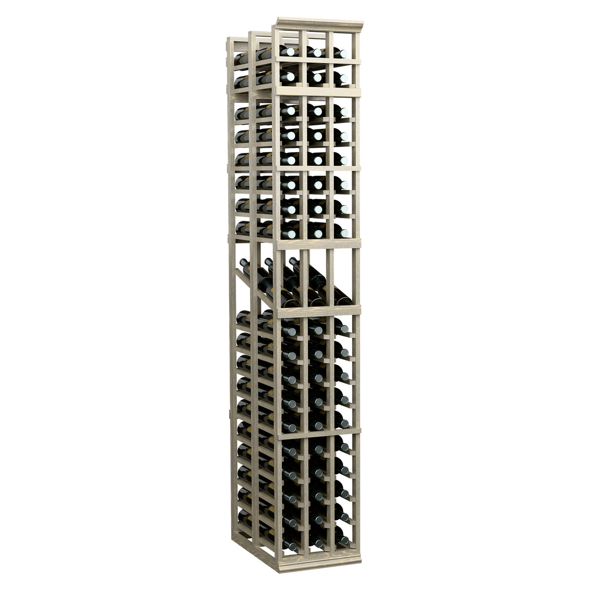 Whitewashed wood wine rack with three vertical sections and open cubby bottle storage