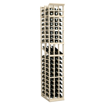 Whitewashed wood wine display rack showing three columns of bottle cubbies