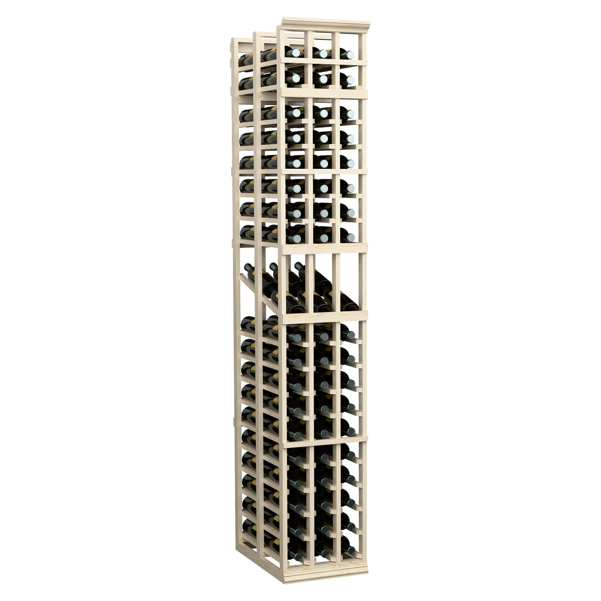 Whitewashed wood wine rack with tall three-column design and double-deep bottle storage