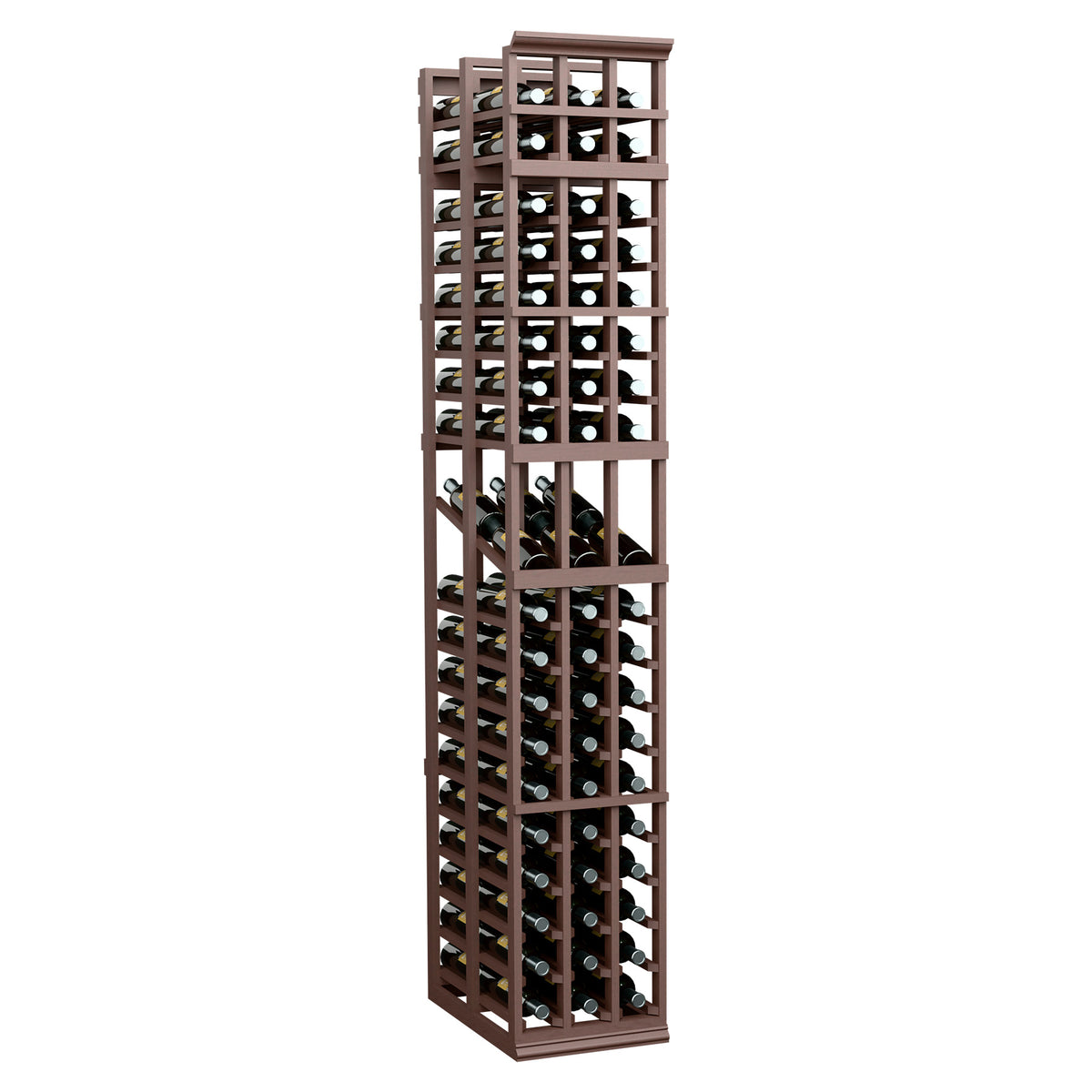 Espresso-brown wood wine display rack with three columns and double-deep bottle slots
