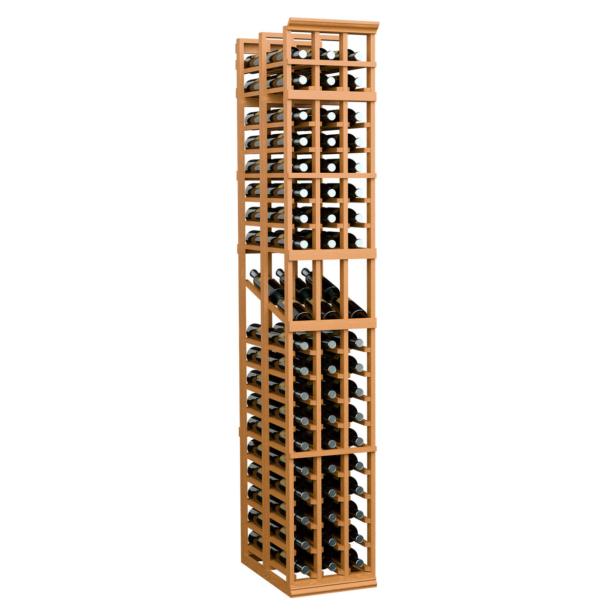 Light honey wood wine display rack with three columns and double-deep bottle slots