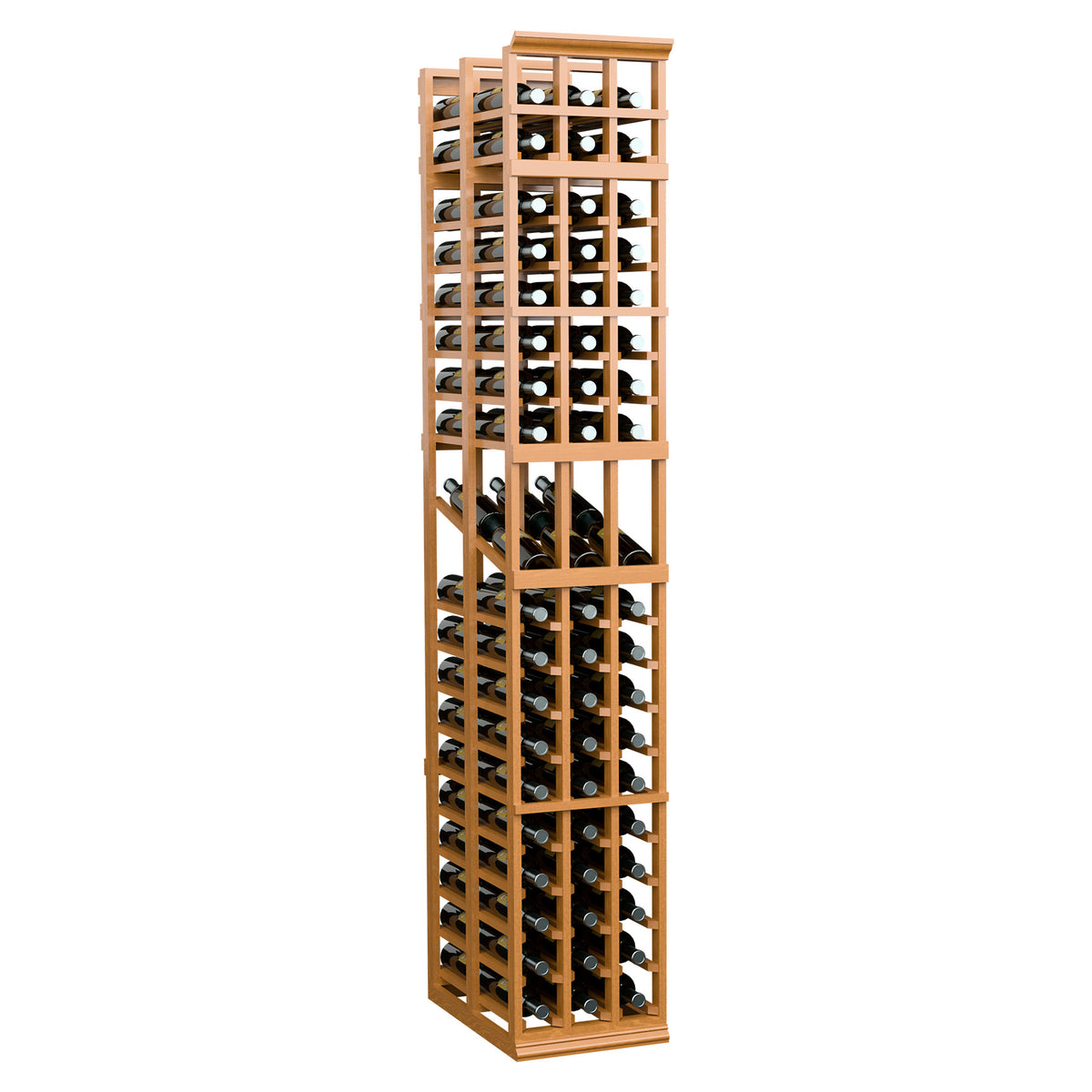 Honey-colored wood wine rack with three-column layout and open cubby bottle storage