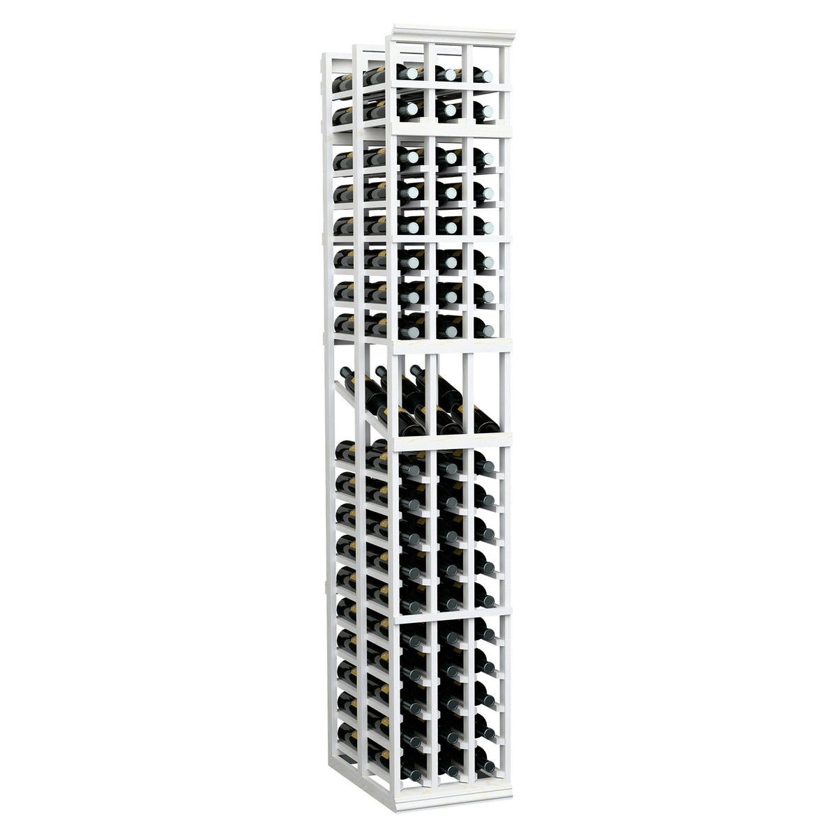 White wood wine display rack with three columns and double-deep bottle cubbies