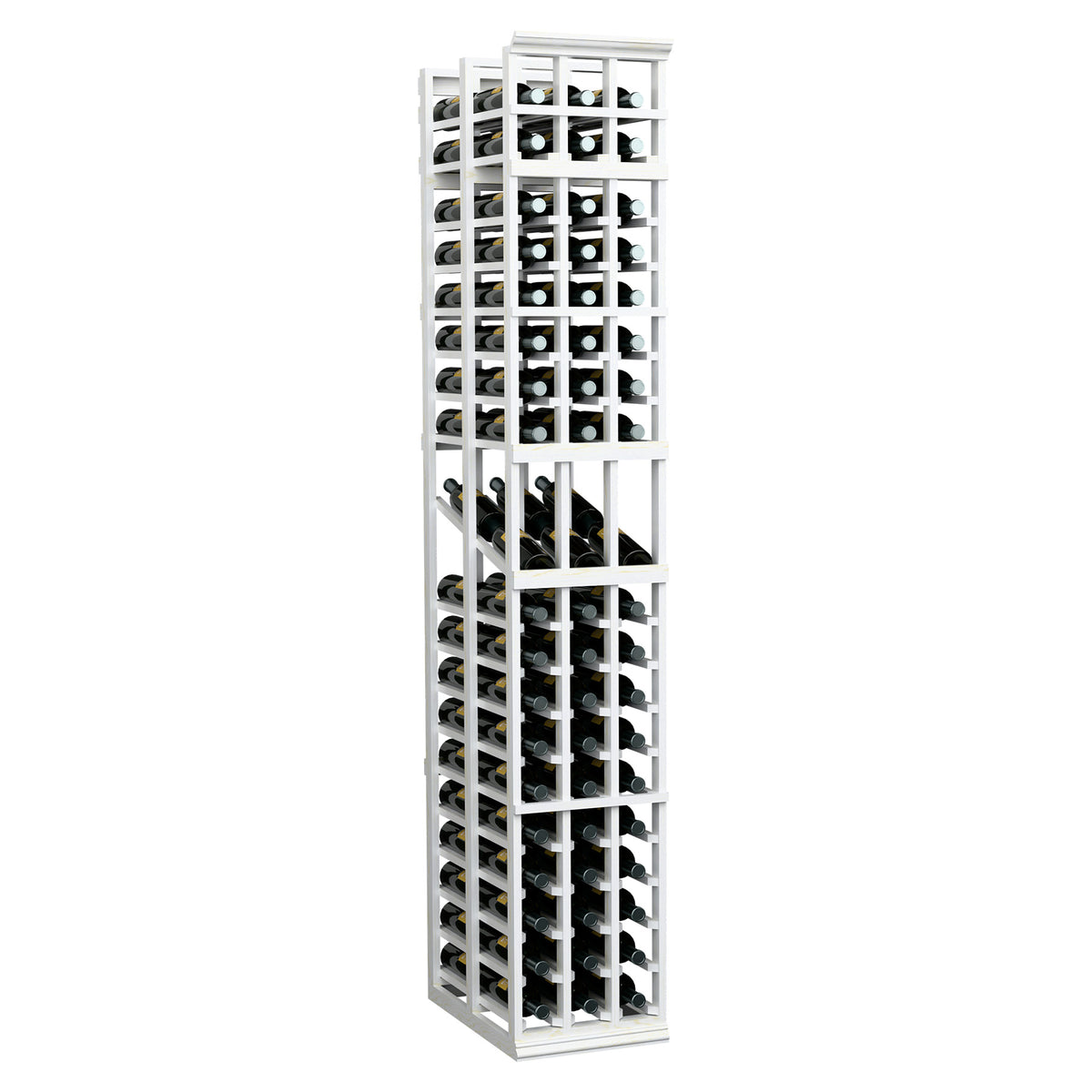 White wood wine rack showing a tall three-column grid of bottle storage slots