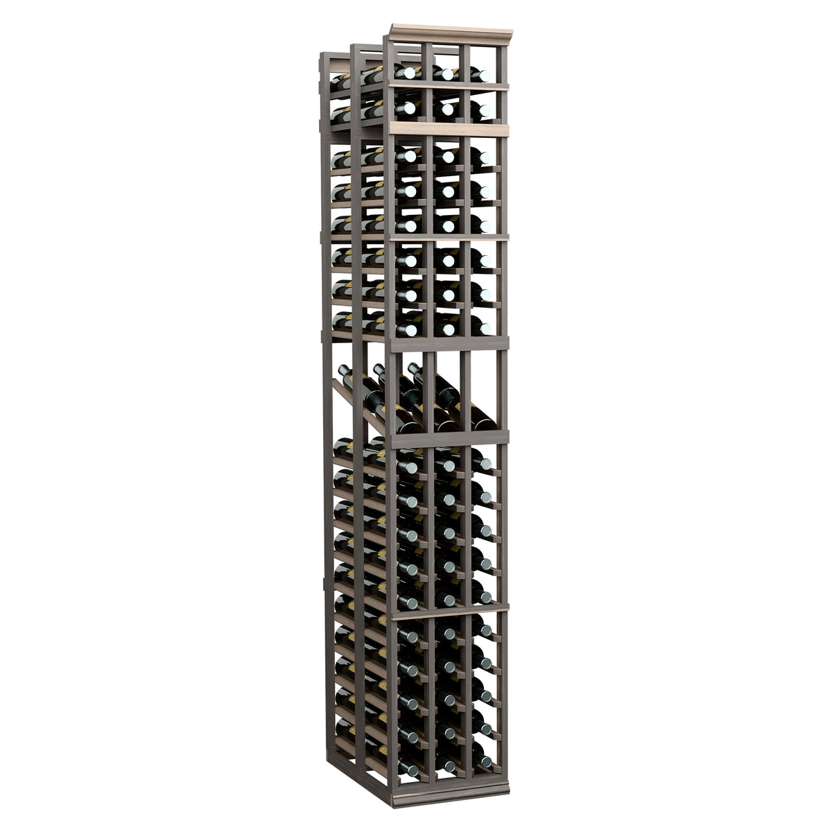 3-column double-deep wine display rack with dark grey frame and bottle cubbies