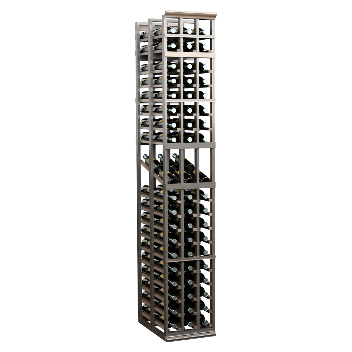 3-column double-deep wine display rack with dark grey frame and wine bottle slots