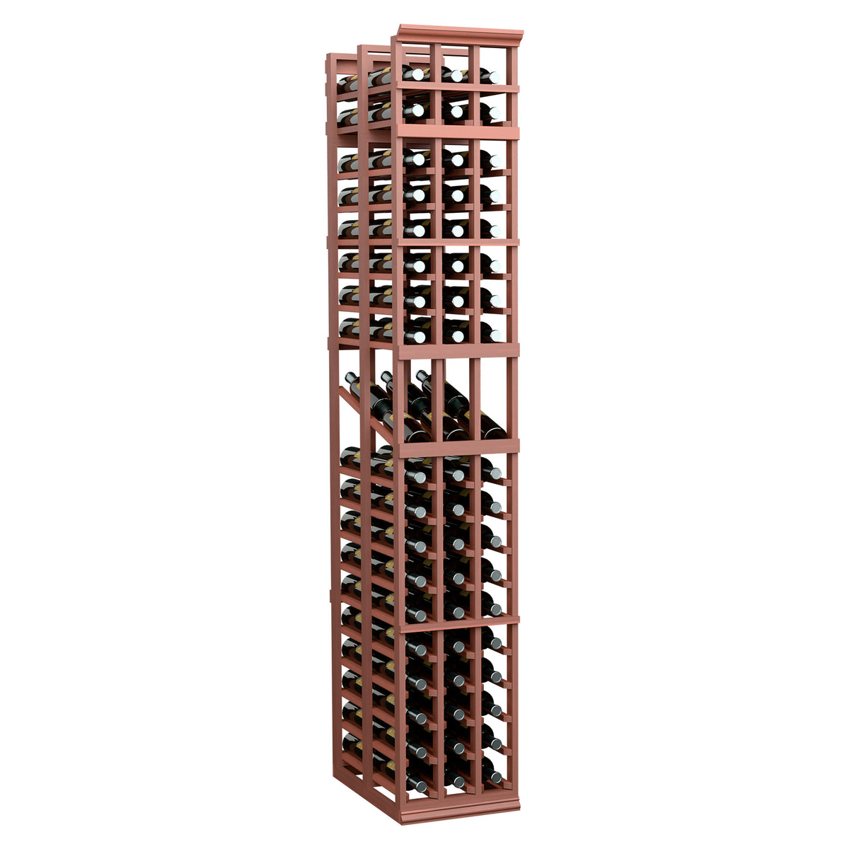 3-column double-deep wine display rack with reddish-brown frame and bottle cubbies