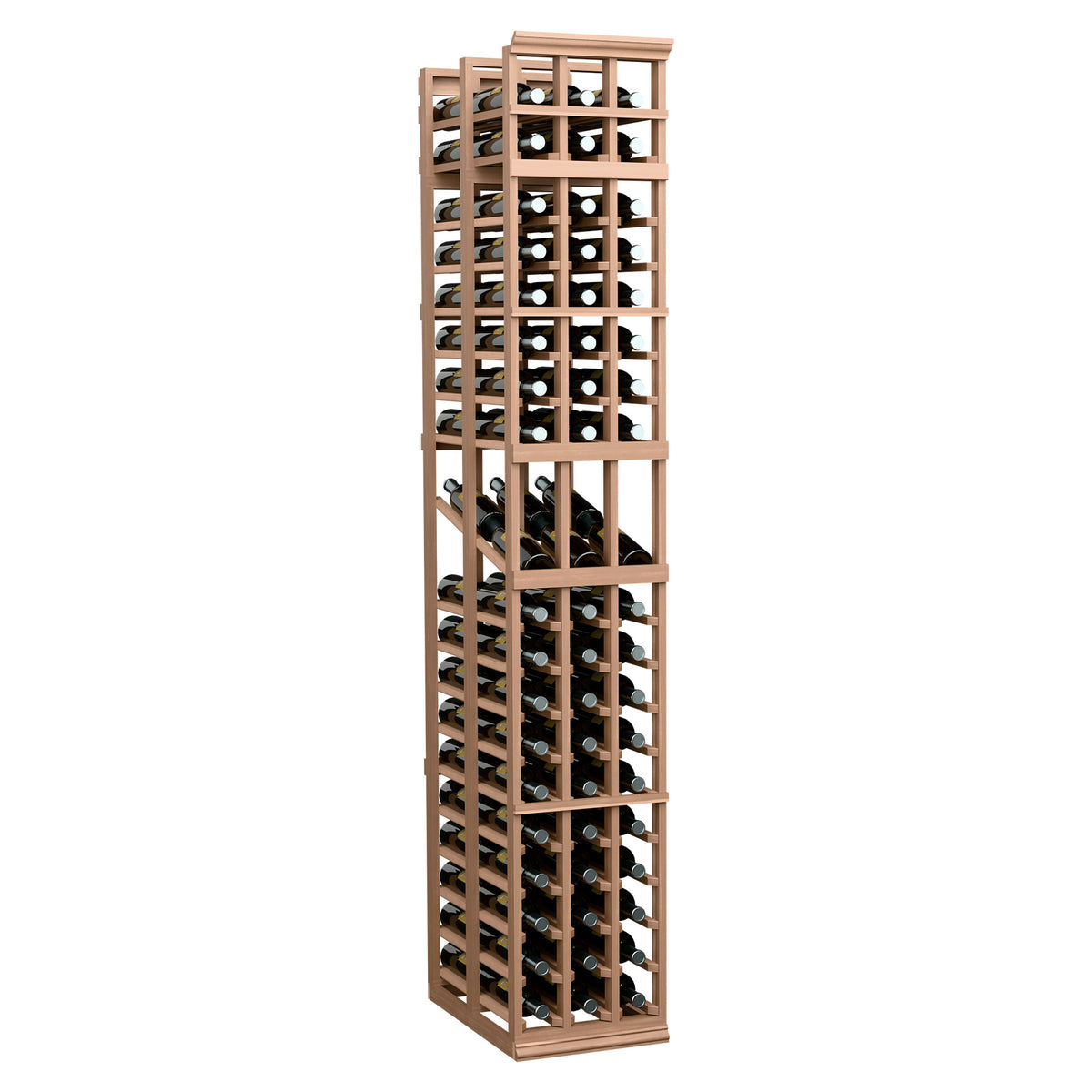3-column double-deep wine display rack with light wood frame and bottle cubbies