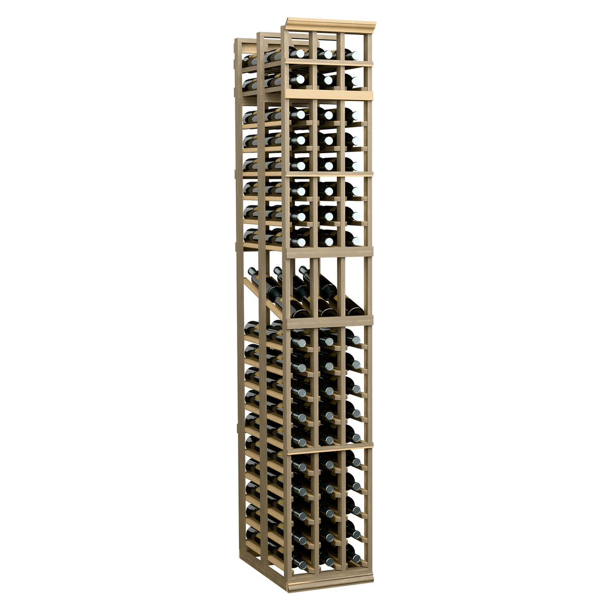 3-column double-deep wine display rack with light wood frame and bottle storage rows
