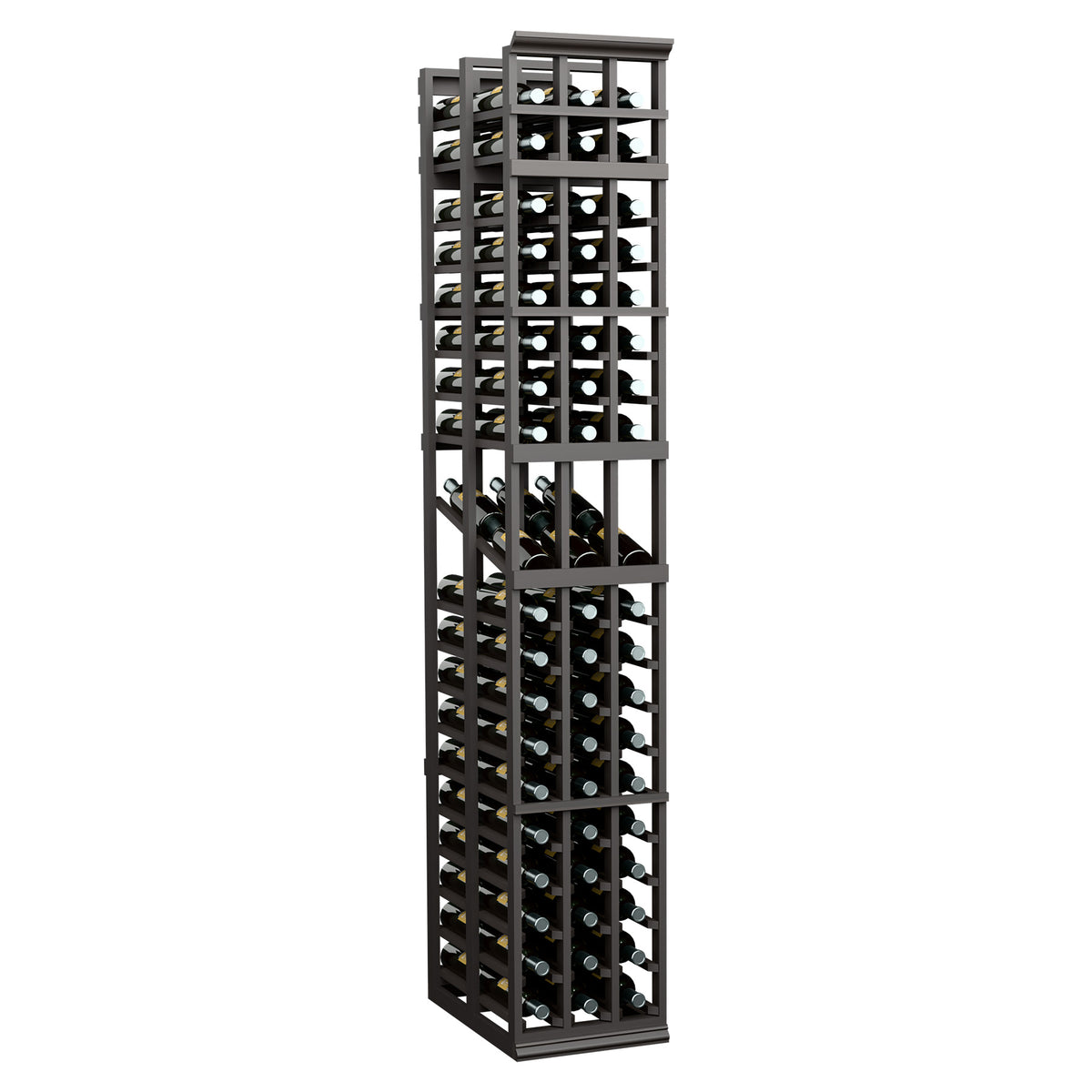 3-column double-deep wine display rack with black frame and bottle cubbies