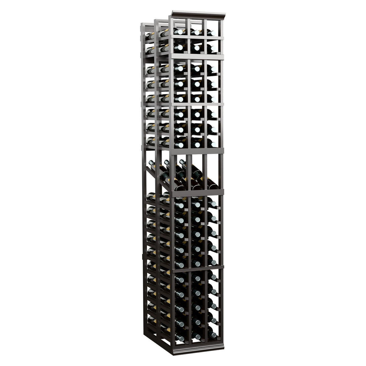 3-column double-deep wine display rack with black frame and wine bottle slots