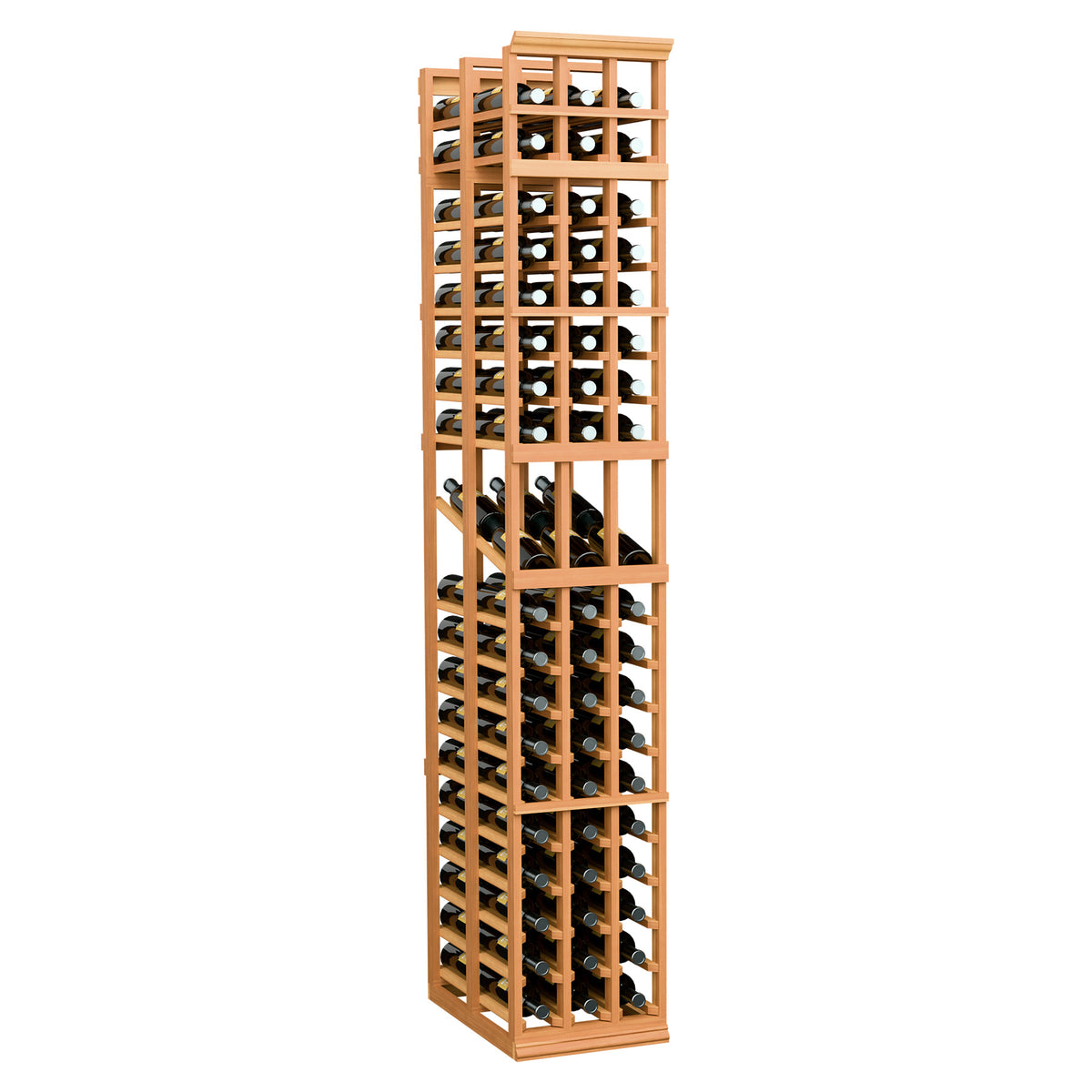 Wine bottle display rack, tall 3-column double-deep design with warm wood frame