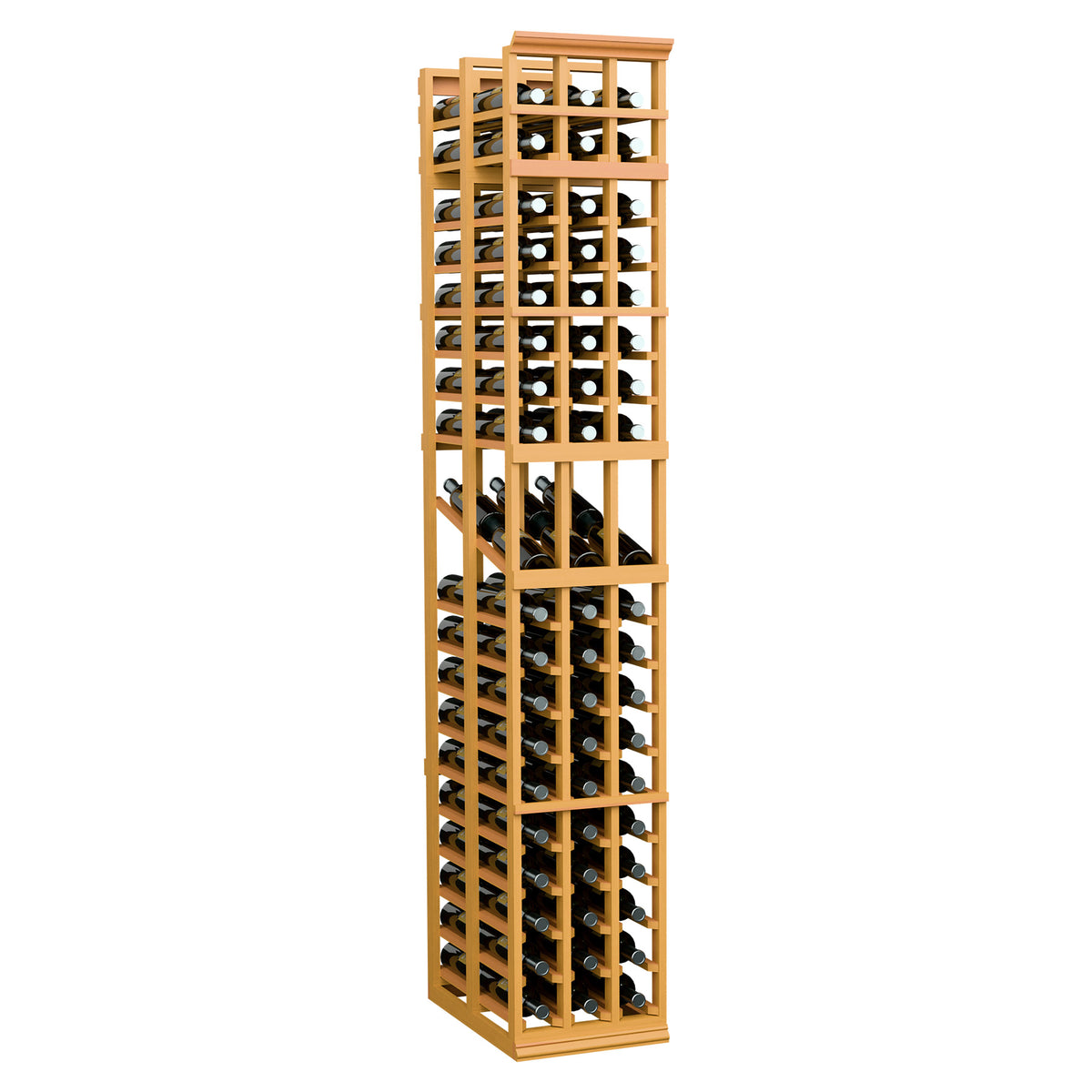 Wine bottle display rack, tall 3-column double-deep design with golden wood frame