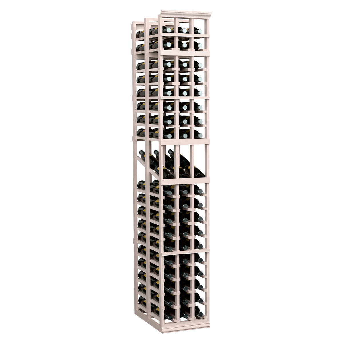 Wine bottle display rack, tall 3-column double-deep design with pale wood frame