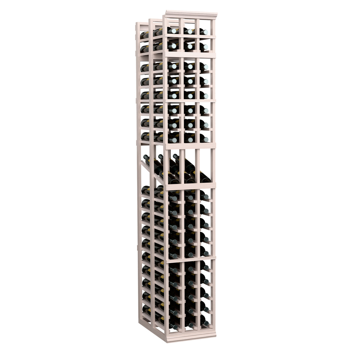 Wine bottle display rack, tall 3-column double-deep design with pale wood frame