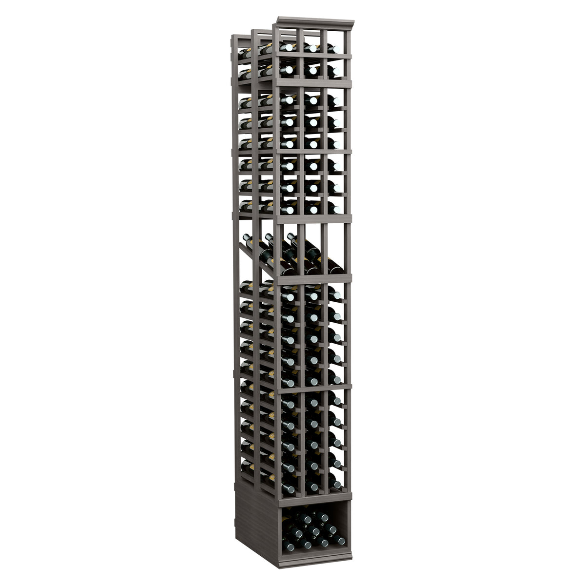 3 column double deep wine display rack with dark metal frame and bottle storage