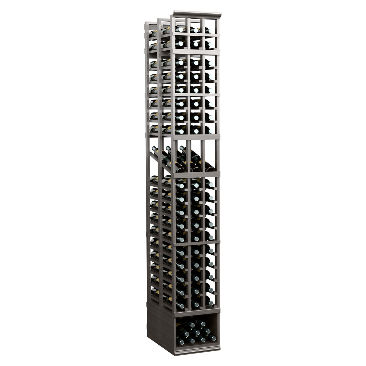 3 column double deep wine display rack with dark frame and front bottle slots