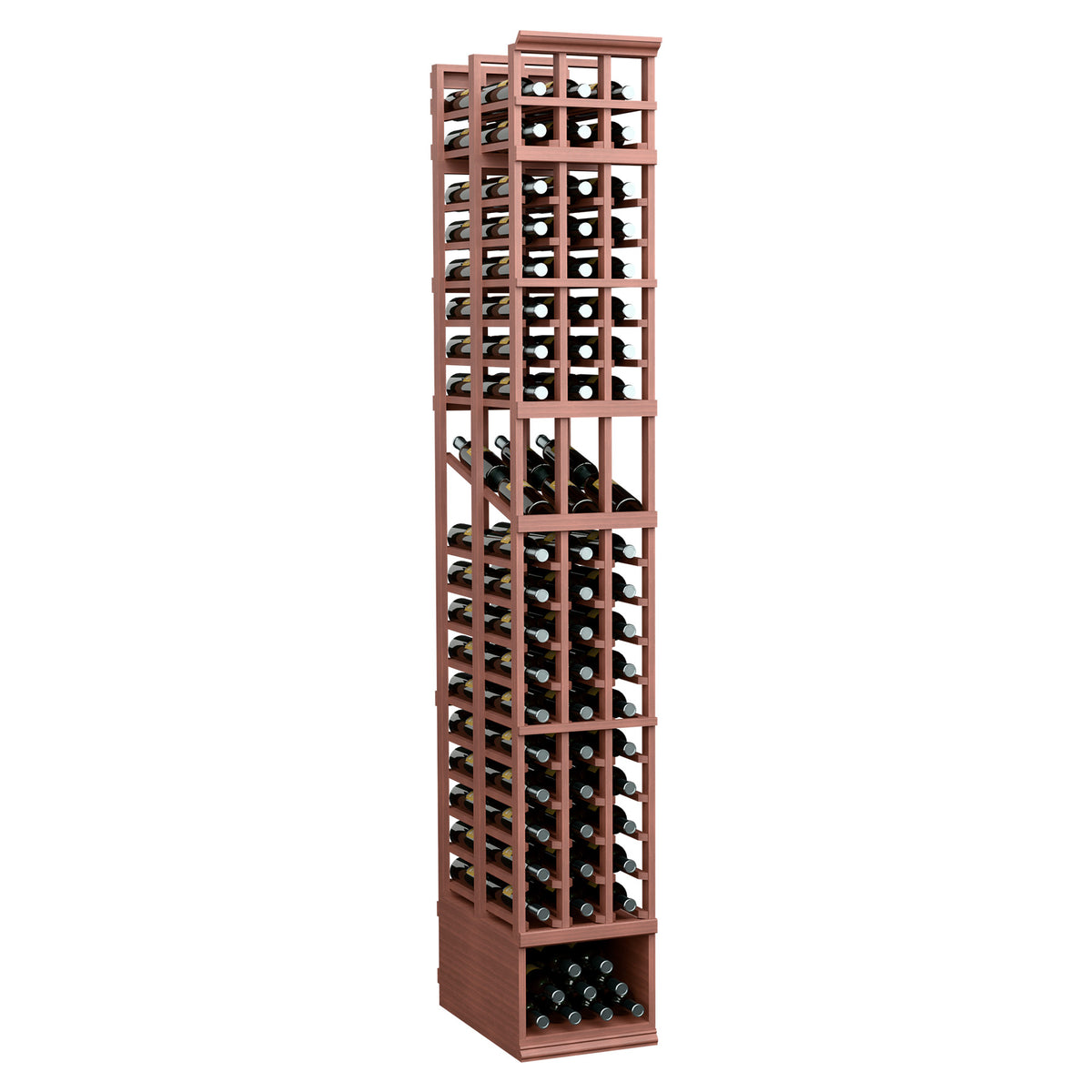3 column double deep wine display rack with reddish wood frame and bottle storage