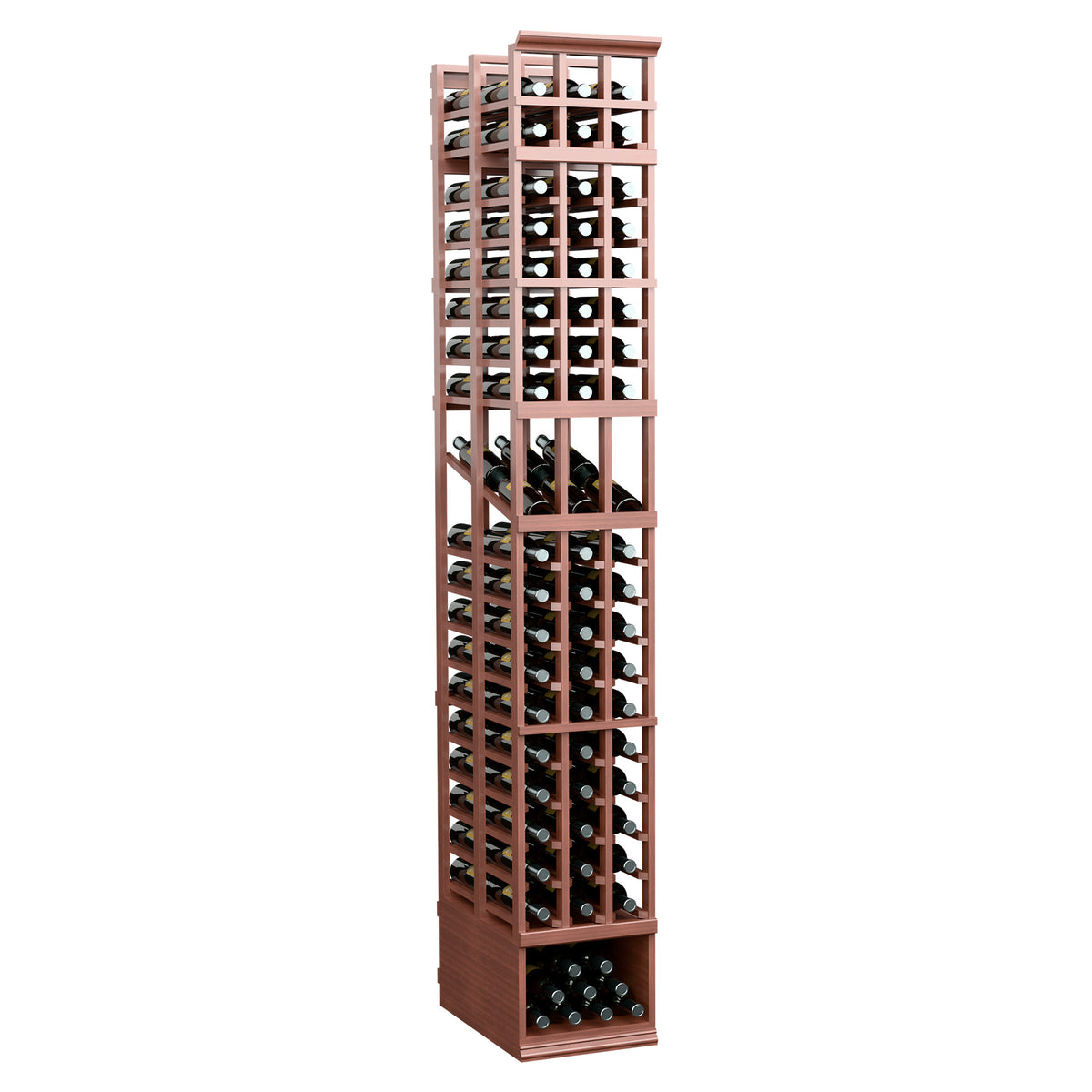 3 column double deep wine display rack with warm wood frame and two-sided bottle rows
