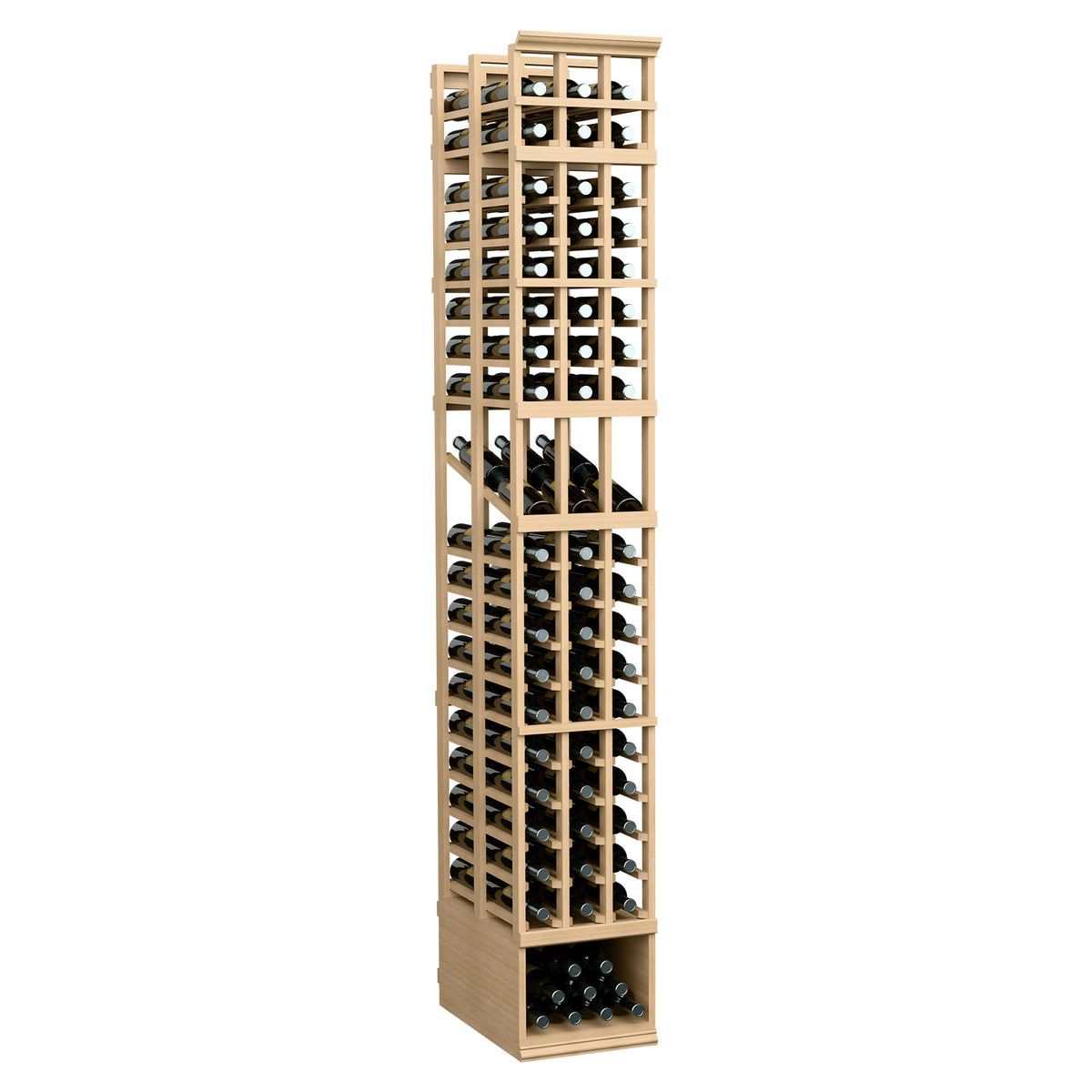 3 column double deep wine display rack with light wood frame and stacked bottle slots