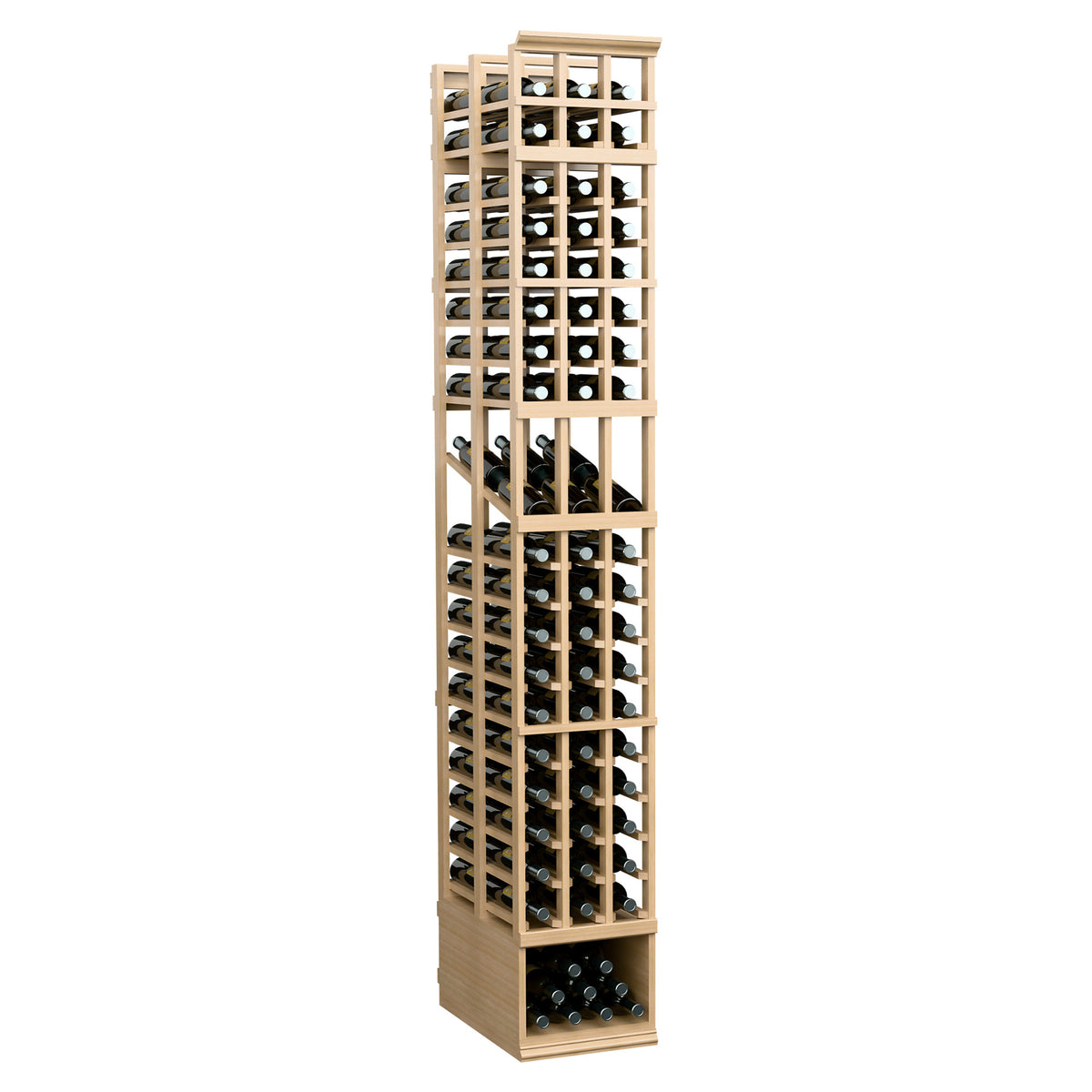 3 column double deep wine display rack with natural wood frame and front bottle openings