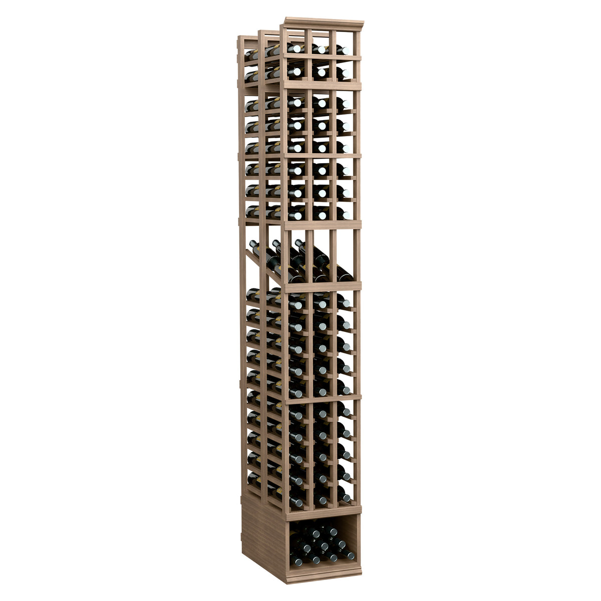 3 column double deep wine display rack with light wood frame and tall bottle display