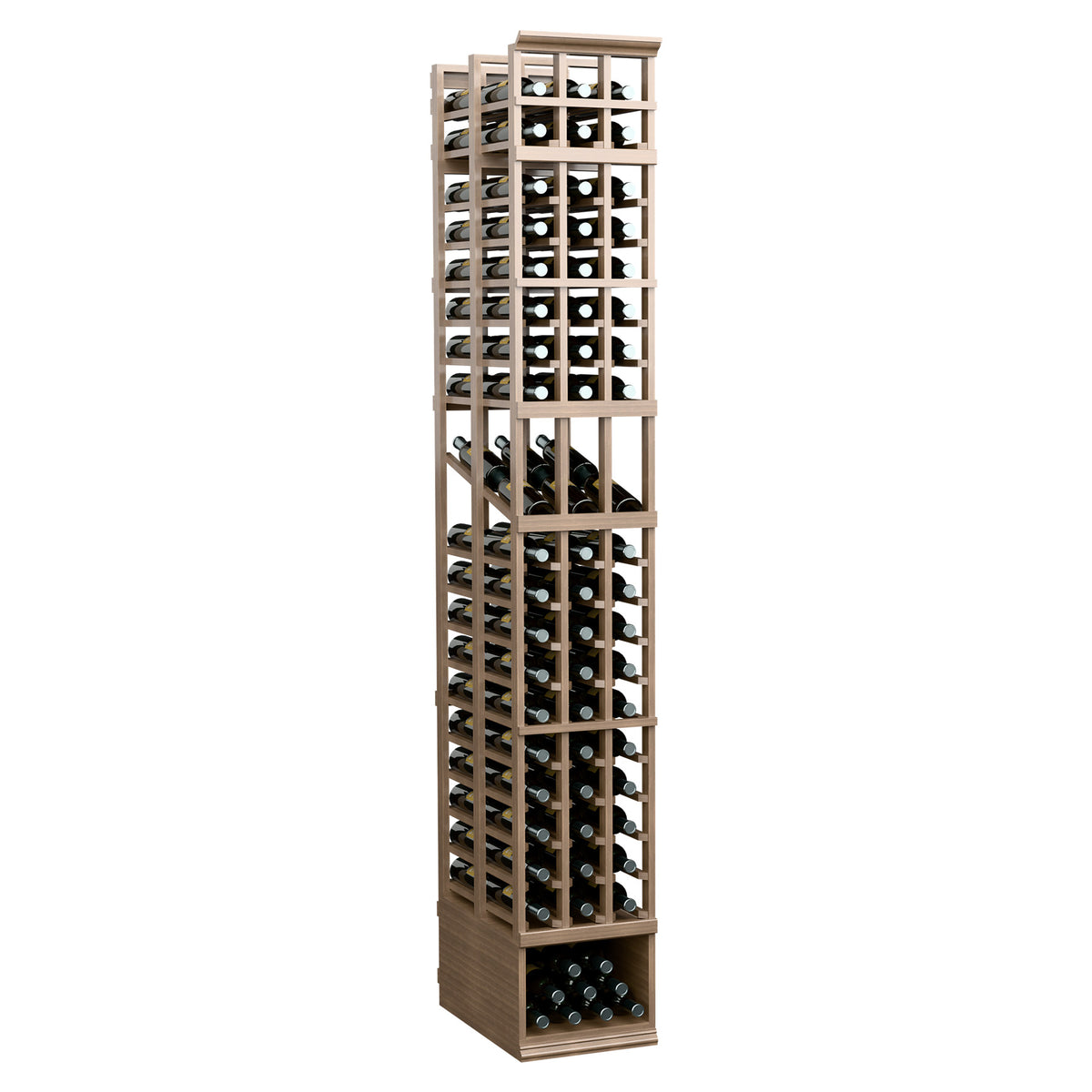 3 column double deep wine display rack with pale wood frame and grid bottle storage