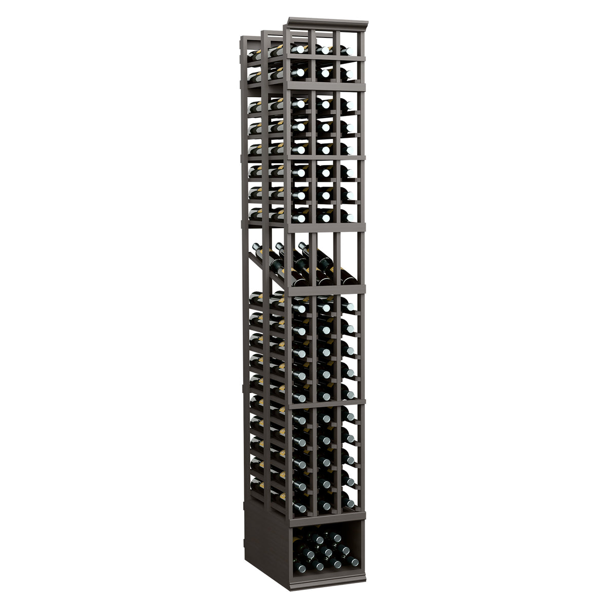 3 column double deep wine display rack with dark metal frame and full-height bottle grid