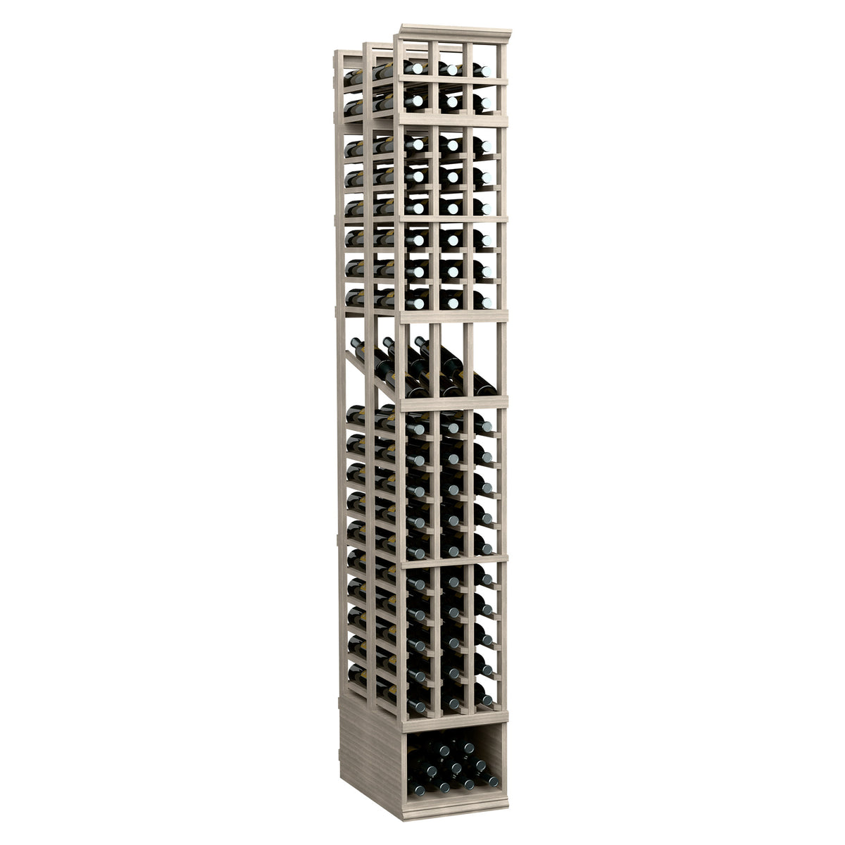 3-column double-deep wine display rack with open bottle cubbies, light wood and white frame