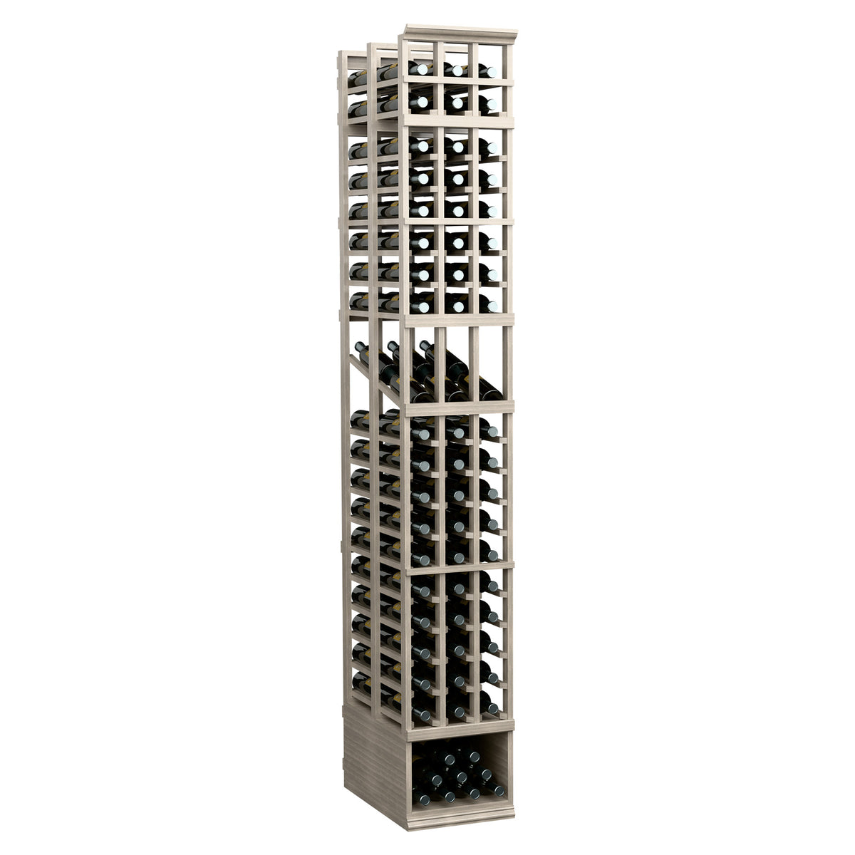 3-column double-deep wine display rack with open bottle cubbies, light wood and white frame