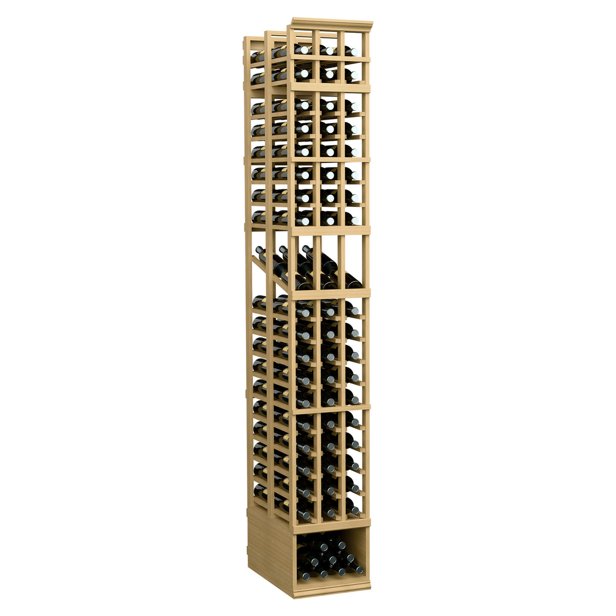 3-column double-deep wine display rack with open bottle cubbies, natural wood frame
