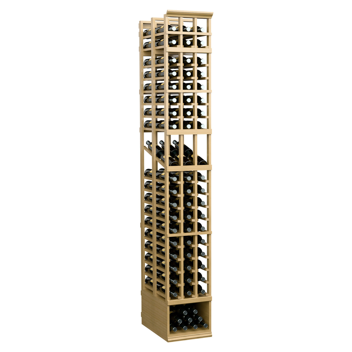 3-column double-deep wine display rack with open bottle cubbies, natural wood frame
