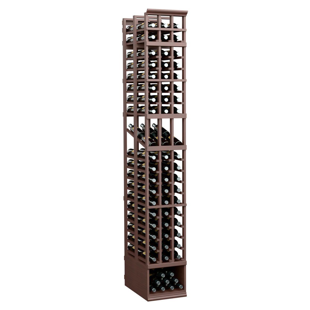 3-column double-deep wine display rack with open bottle cubbies, dark brown wood frame