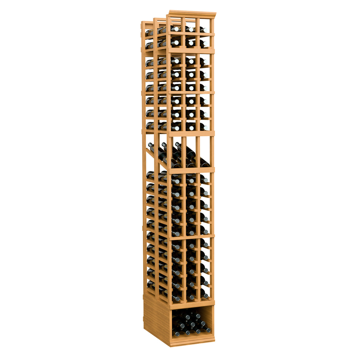 3-column double-deep wine display rack with open bottle cubbies, warm light wood frame