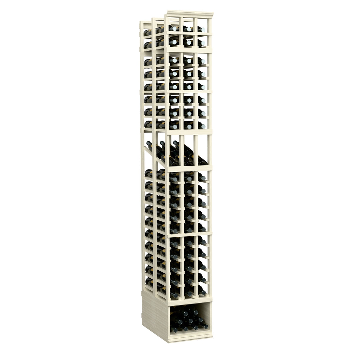 3-column double-deep wine display rack with open bottle cubbies, pale wood and white frame